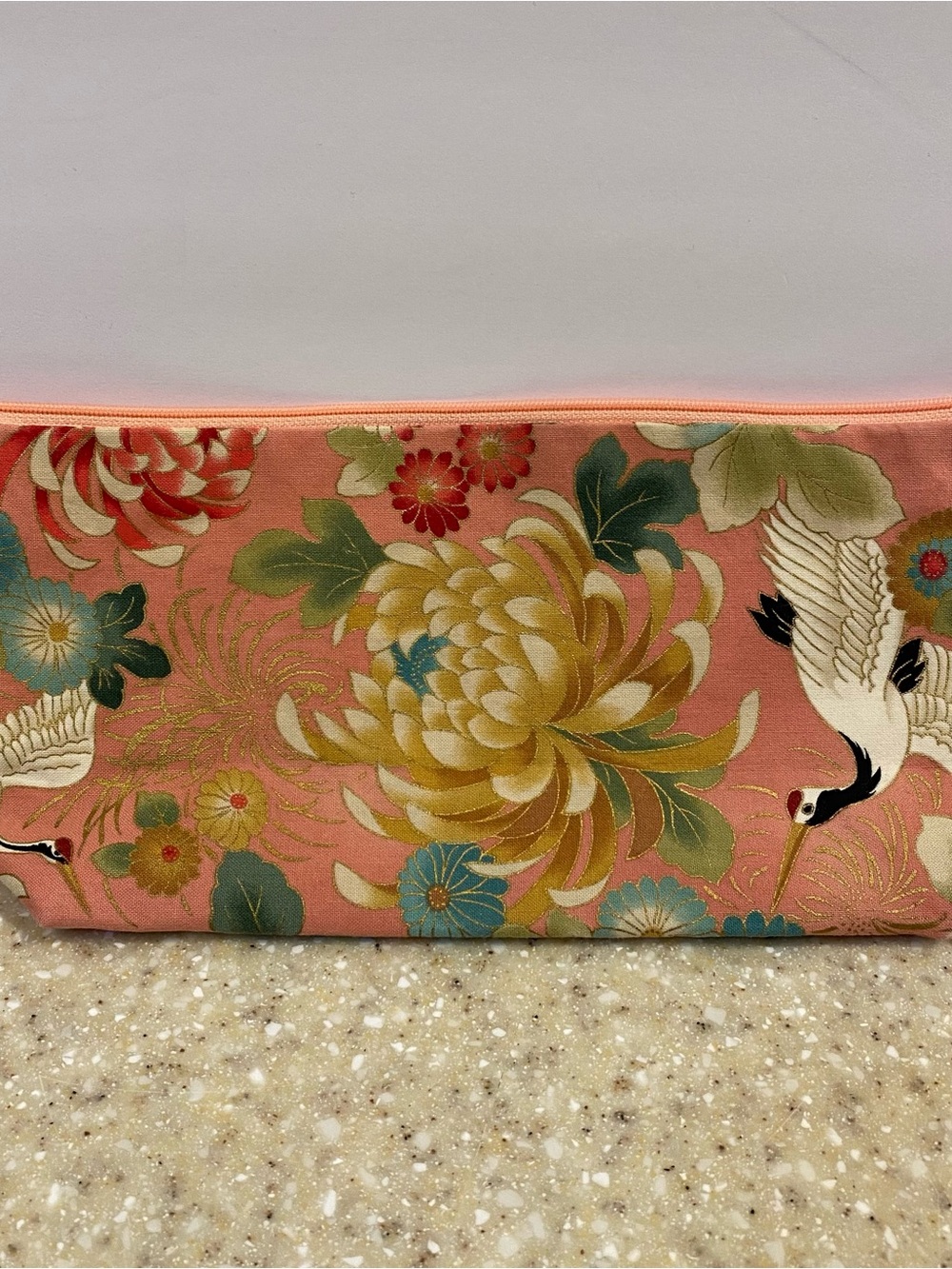 Floral Crane Zipper Pouch in Coral and Gold